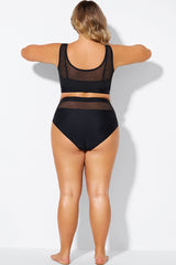 Mesh Patchwork Solid Black Bikini Bottom
