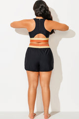 Plus Size Black Colorblock Mid Waist Women Shorts