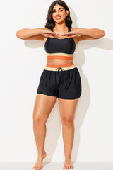 Plus Size Black Colorblock Mid Waist Women Shorts