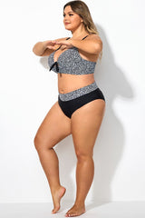 Black＆White Abstract Print High Waist Shirred Brief