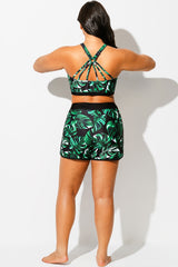 Green Leaf Print Women Swimsuits Boy Shorts