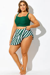 Green Striped High Waisted Bikini Slit Skirt