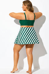Green Striped High Waisted Bikini Slit Skirt