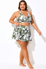 Plant Print High Waist Swim Skirt With Brief