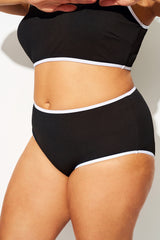 Black High Waist Bikini Bottom With White Trim