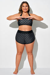 Black Check High Waist Swim Shorts