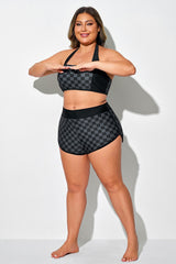 Black Check High Waist Swim Shorts