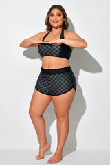 Black Check High Waist Swim Shorts