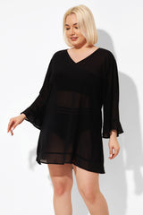 Black Ruffle Hem V-neck Tunic Cover Up