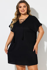 Black V-Neck Lace Up Cover Up Dress