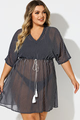 Plus Size Striped Tassel Tie Front Cover Up