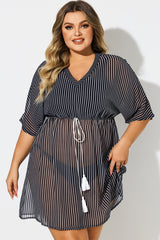 Plus Size Striped Tassel Tie Front Cover Up