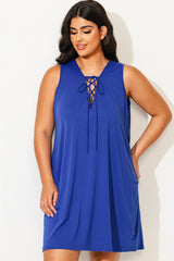 Blue Sleeveless V-Neck Lace Up Cover Up Dress