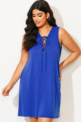 Blue Sleeveless V-Neck Lace Up Cover Up Dress