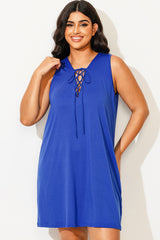 Blue Sleeveless V-Neck Lace Up Cover Up Dress