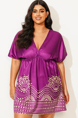 Purple Elastic Waistband V-Neck Cover Up Dress