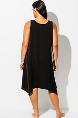 Solid Black Round Neck Sharktail Beach Cover Up