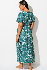Green V-Neck Sleeves Maxi Cover Up Dress