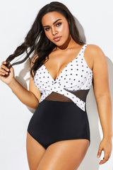 Elegant Dot Colorblock Mesh One Piece Swimsuit