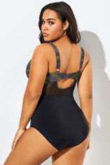 V-Neck Camouflage Print Mesh Underwired One Piece Swimsuit