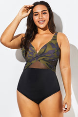 V-Neck Camouflage Print Mesh Underwired One Piece Swimsuit