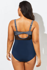 Striped Cut Out Mesh Underwire One Piece Swimsuit