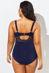 Blue Cut Out Mesh Underwire One Piece Swimsuit
