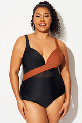 Colorblock Cut Out Mesh Underwire One Piece Swimsuit