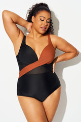 Colorblock Cut Out Mesh Underwire One Piece Swimsuit