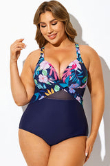 Navy Cut Out Mesh Underwire One Piece Swimsuit