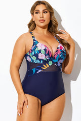 Navy Cut Out Mesh Underwire One Piece Swimsuit