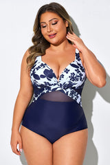 Blue Floral Cut Out Mesh Underwire One Piece Swimsuit
