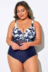 Blue Floral Cut Out Mesh Underwire One Piece Swimsuit