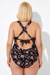 Black Floral Printed Lace Up One Piece Swimsuit