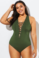 Green Lace Up One Piece Open Back Swimsuit