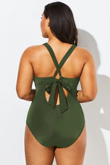 Green Lace Up One Piece Open Back Swimsuit