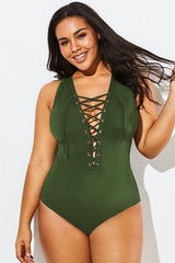 Green Lace Up One Piece Open Back Swimsuit