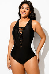 Black & White Lace Up One Piece Back Swimsuit