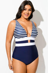 Navy Striped Cut Out One Piece Swimsuit