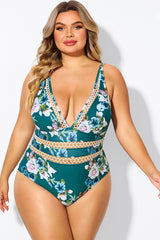 Floral Print Plunge V-neck One Piece Swimsuit