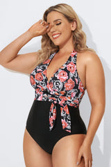 Vintage Flower Faux Wrap Halter One Piece Swimsuit