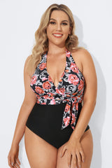 Vintage Flower Faux Wrap Halter One Piece Swimsuit