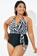 Black & White Faux Wrap Halter One Piece Swimsuit