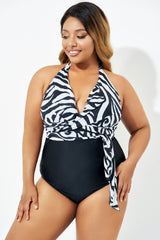 Black & White Faux Wrap Halter One Piece Swimsuit