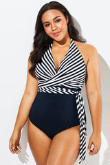Black & White Halter Wrap One Piece Swimsuit