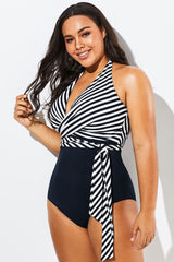 Black & White Halter Wrap One Piece Swimsuit