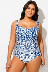 Geometric Sweetheart Neck Twist Front One Piece Swimsuit