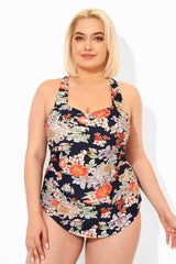 Floral Print H-Back Sarong Front One Piece Swimsuit