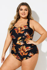 Leaf Print H-Back Sarong Front One Piece Swimsuit