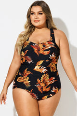 Leaf Print H-Back Sarong Front One Piece Swimsuit